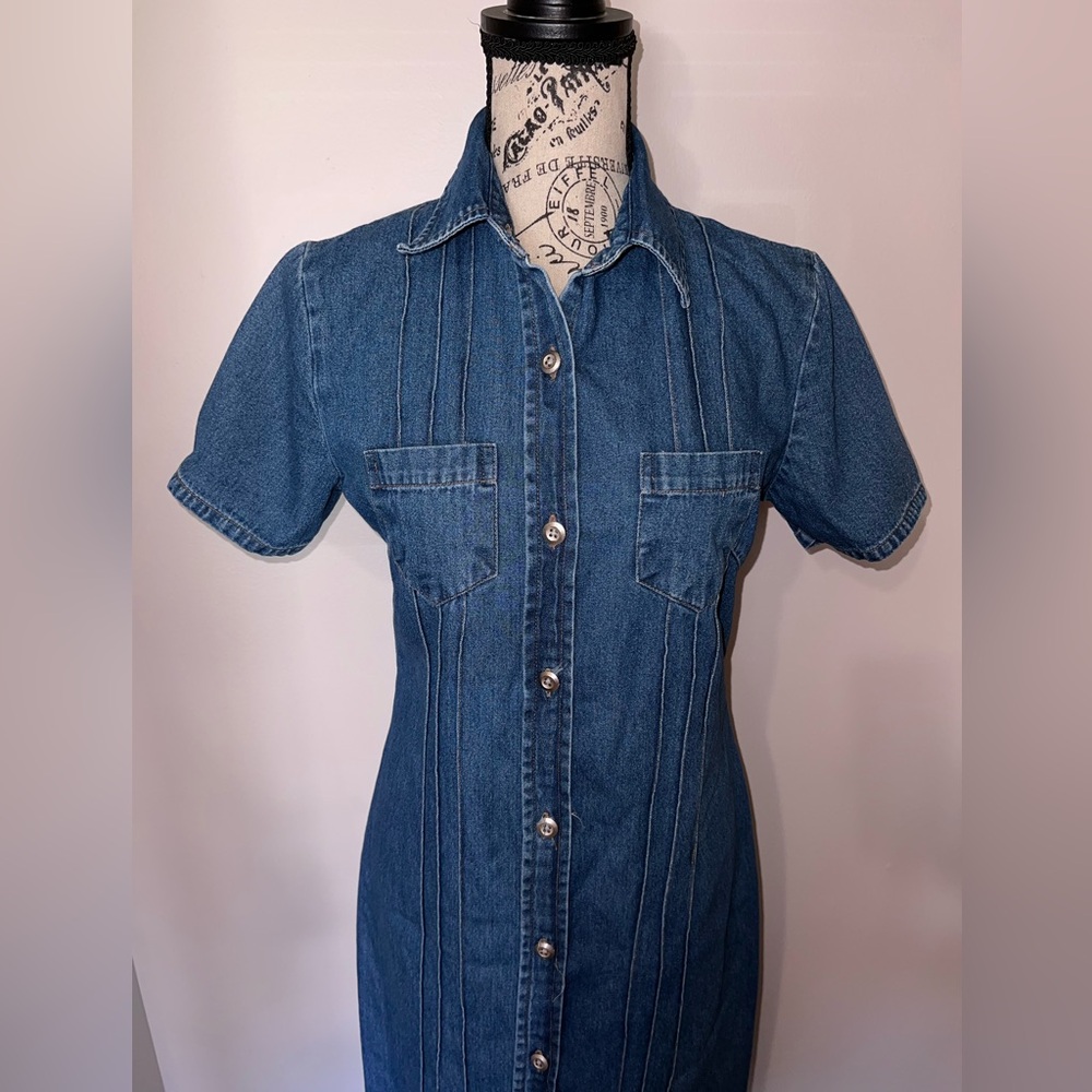 Expressions 90s Vintage Denim Button Front Midi Dress Small 100% Cotton Collared - Picture 3 of 11